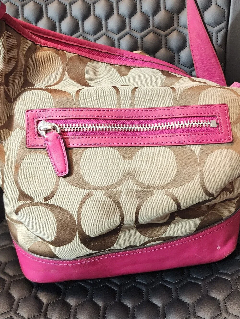 Coach Signature Canvas Shoulder Bag in Brown and Pink